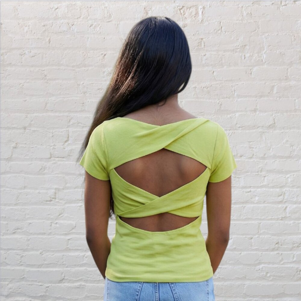 CYRUS -- Pull Over Top, Backless with Crossed Straps, Short Sleeves, Casual